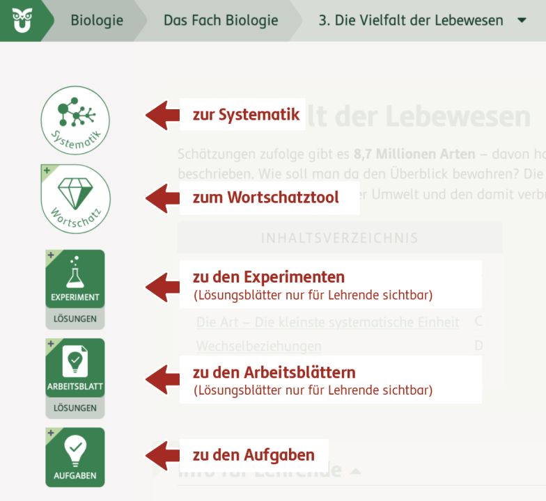 Screenshot von SchuBu Seite mit Pfeilen und Beschreibungen zu den Arbeitsmittel-Buttons