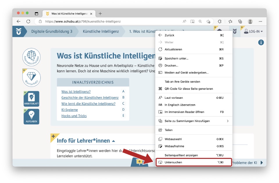 Kontextmenü zum Öffnen der Entwicklertools im Browser