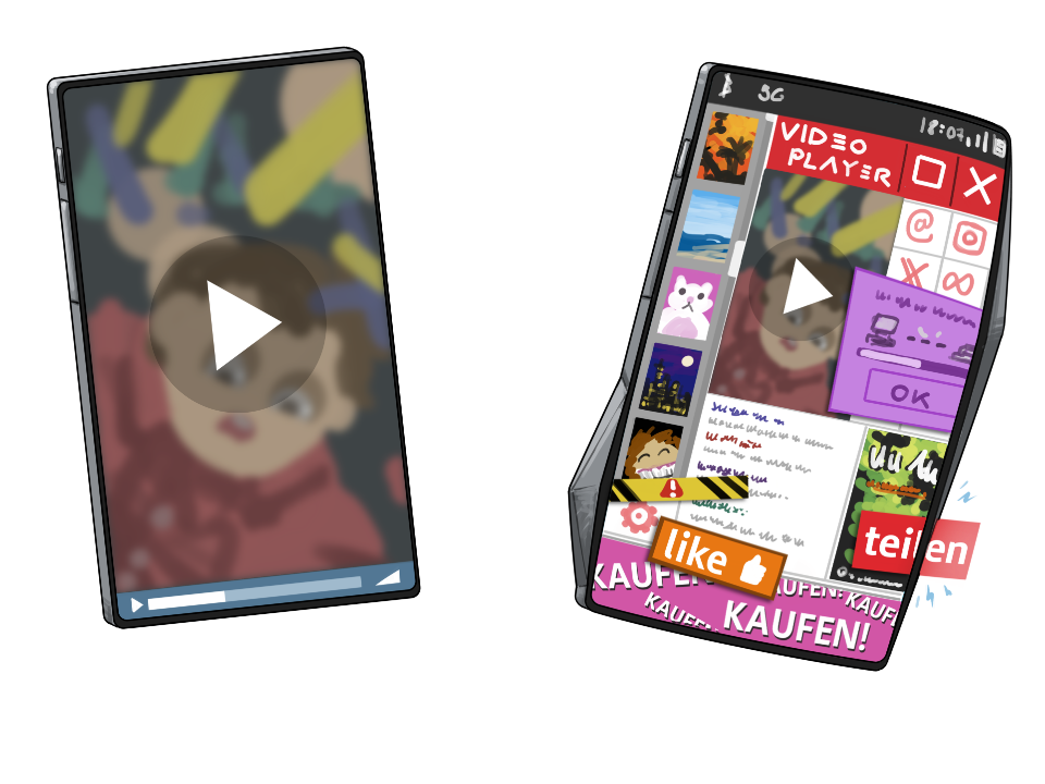 Illustration zweier Handys: Links mit einfach zu bedienender Video-Webseite, rechts komplizierte Webseite mit 1000 Features.