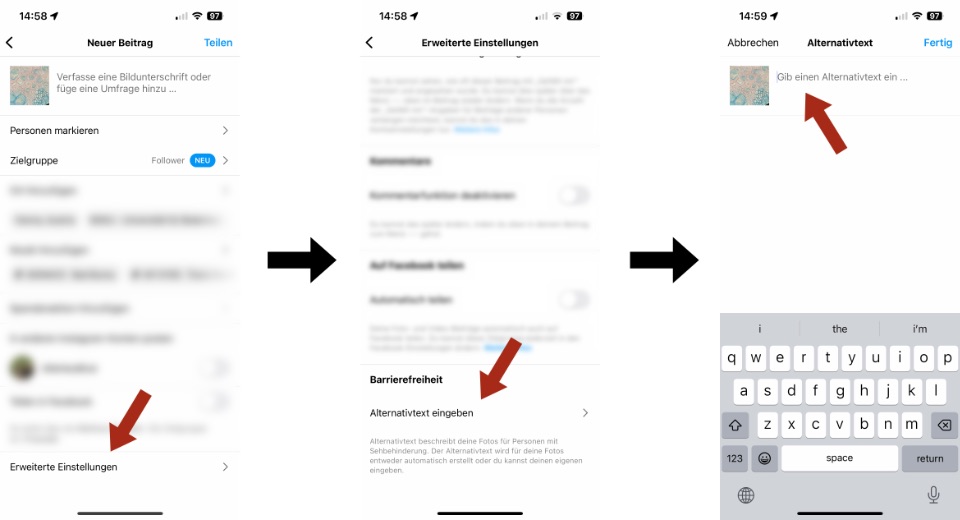 Erklärbilder, wie man einen Alternativtext auf Instagram einfügen kann.