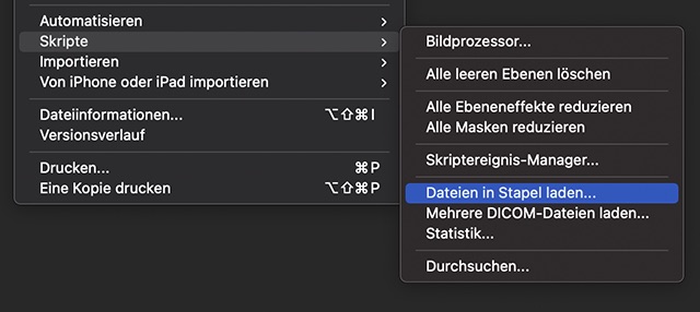 Screenshot Photoshop – Dateien in Stapel laden