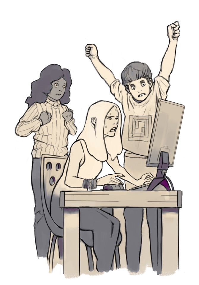 Illustration von 3 Schüler*innen die auf einen Computerbildschirm schauen.